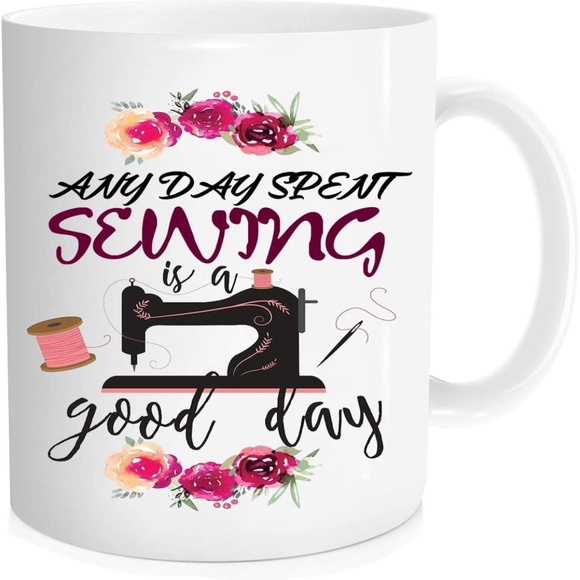 White Sewing Mug ”Any Day Spent Sewing is a Good Day” 11oz Novelty Mug - Picture 1 of 8
